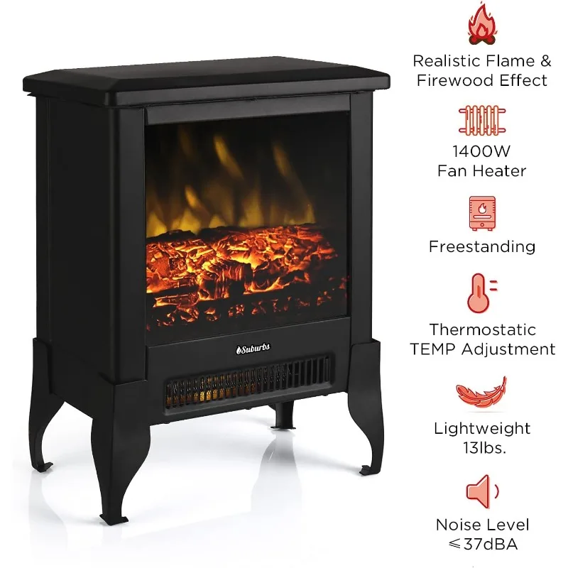 TURBRO Suburbs TS17 Compact Electric Fireplace Stove, 18” Freestanding Stove Heater with Realistic Flame - CSA Certified - 1400W