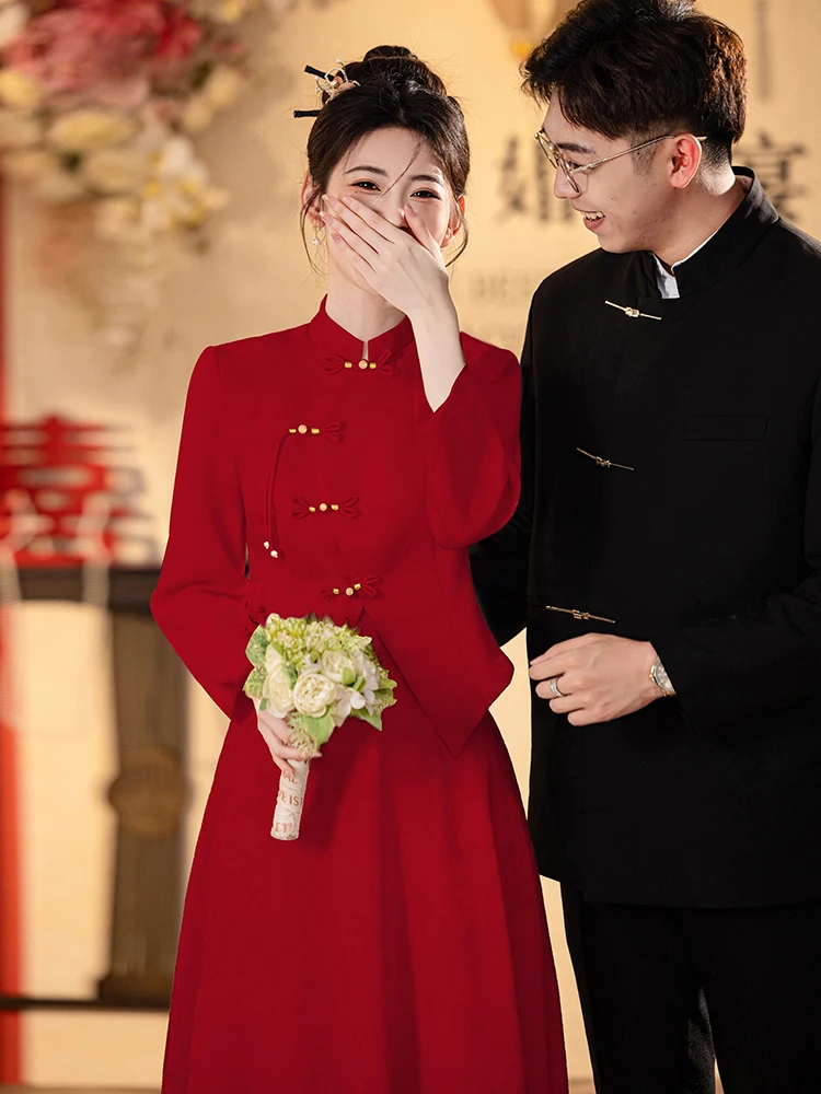 

Red Wedding Dr Suit Chinese Sle Engagement Bride Gown Skirt Set Autumn Winter Normal Wear Retro Beaded mid Waist