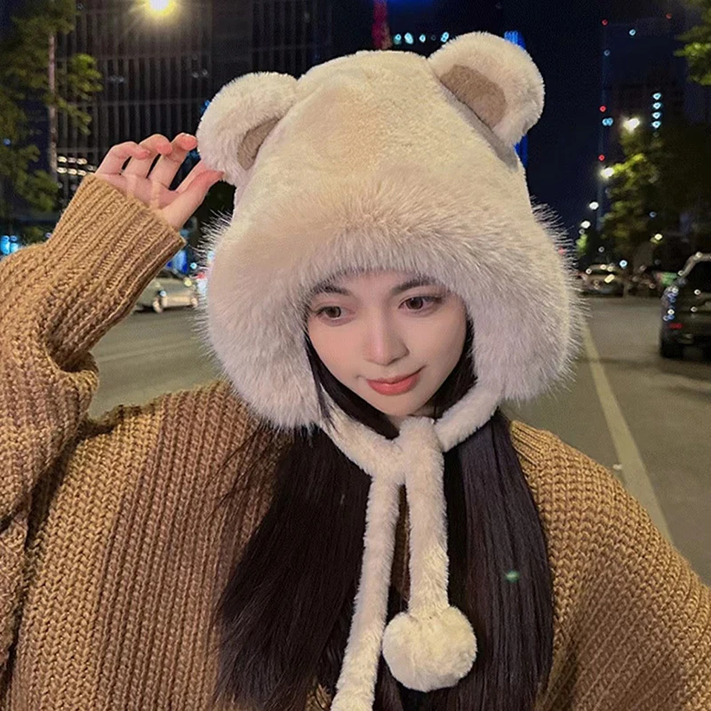 Women Cold Weather Hat Women Plush Hat Soft Fuzzy Women's Plush Hat With Cute Bear Ears Windproof Warm For Autumn