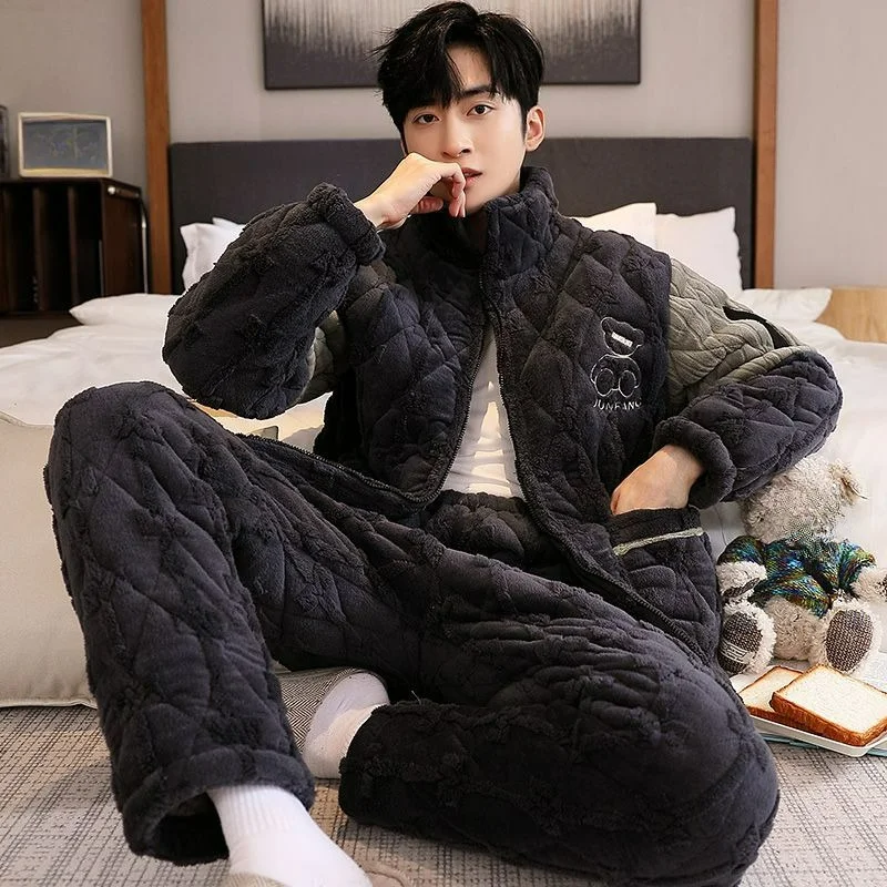 

Pajamas Men's Winter Fleece Thickened Three-layer Padded Coral Fleece Men's Ultra-thick Warm Flannel Loungewear Set Comfortable