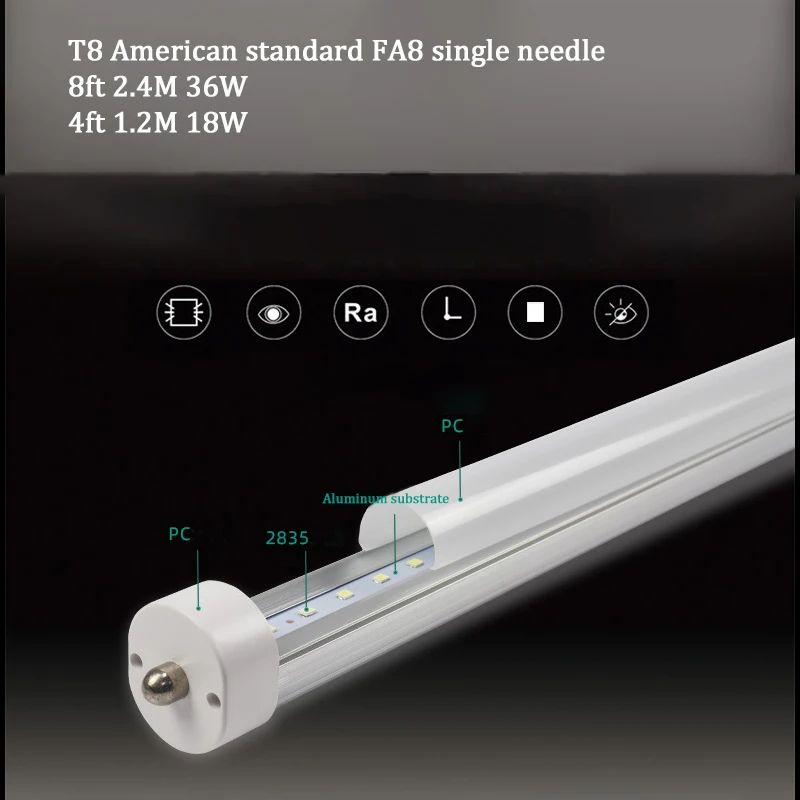 Tubo de led t8 de agulha curta fa8, 10 peças, 8 pés, 2.4m, 36w, iluminação especializada para escolas, escritórios, fábricas, supermercados, shopping centers