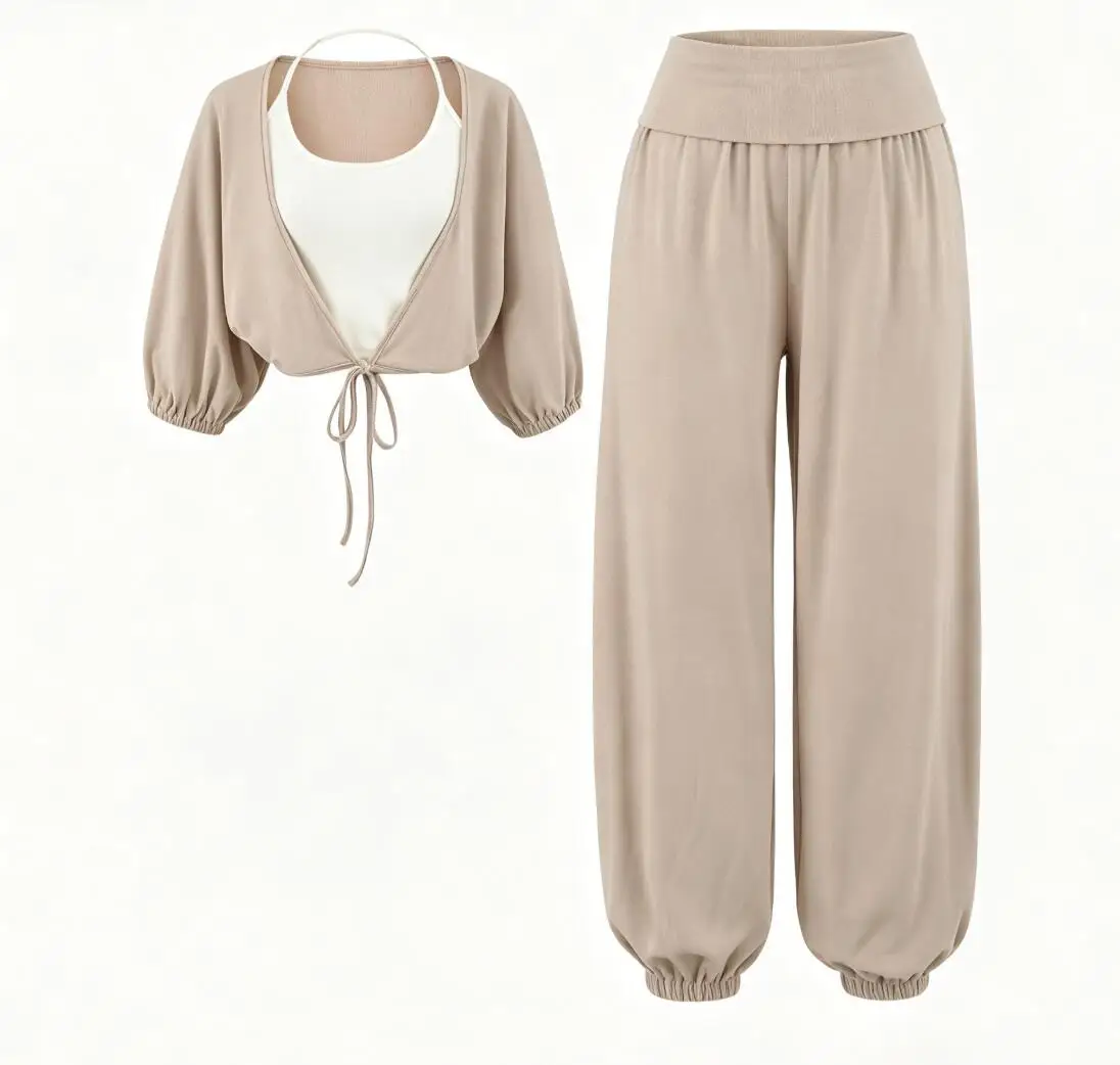 3pcs 1 Set Autumn Contrast color Halter Camis Lacing Up Bow Front Bat Sleeve Cardigan Tee Elastic Waist Sweats Pants Suits - view 3