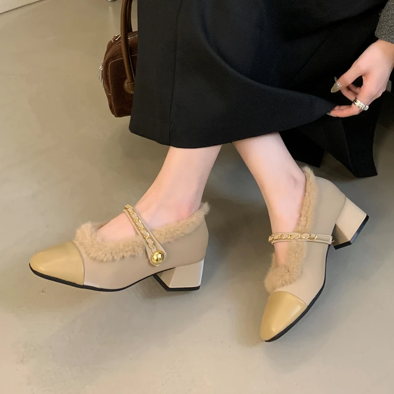 

Chunky Heels Shoes Woman winter Slip on fur Pump Fashion square toe chain Slides Vintage Shallow Comfortable Mary Jane Shoes