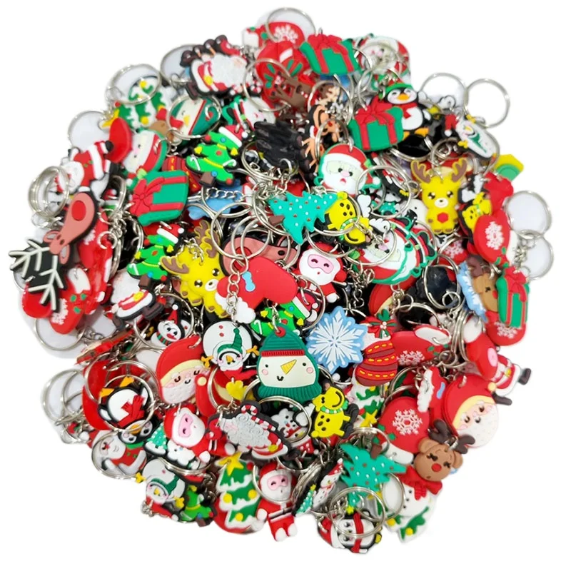 10/20/30Pcs Mixed Random PVC Christmas Gifts Key Ring Ornament Purse Bag Accessories Metal Keychain For Friends Xmas Party Gifts