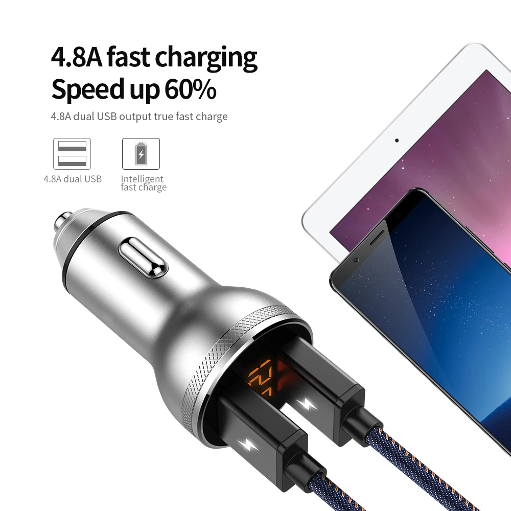 Car charger, fast charging, dual USB dual output, LED car battery voltage detection, on-board charger, made of high-grade alumin view 3