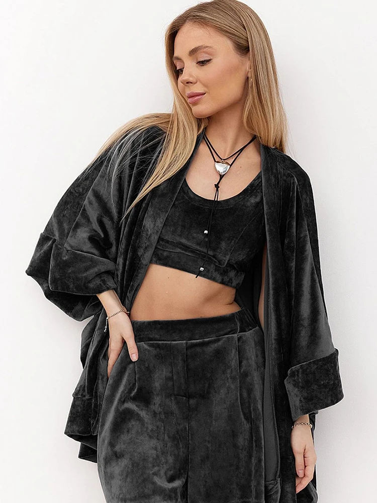 HiLoc Autumn Solid Velvet Shorts Pajamas Sets 3 Pieces Fashion Sexy Crop Tops Lace-Up Loose Robe Sleepwears Women Shorts Suits