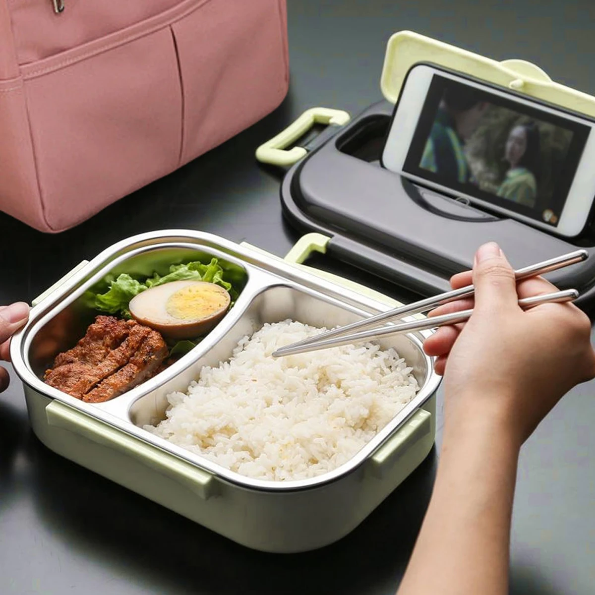 

304 Stainless Steel Bento Box Lunch Container with Compartmental Design for Kids & Office Use, Includes Utensils and Spork