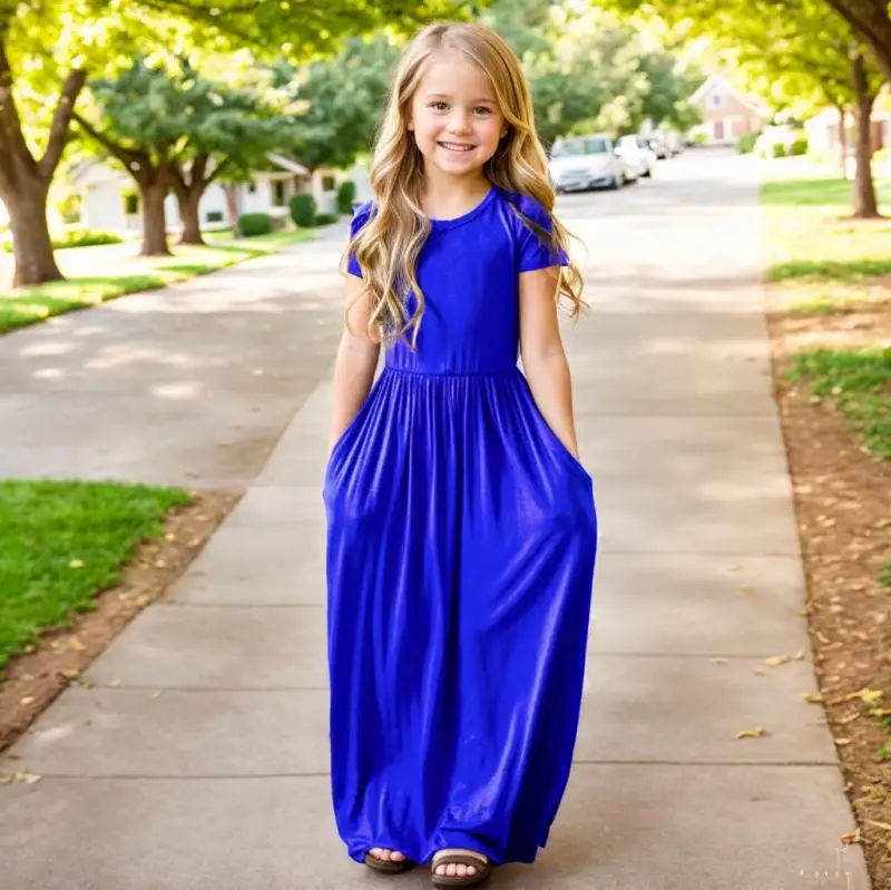Sommer Mädchen Neue Einfarbig Kurzarm Langes Kleid Strand Party Geburtstag Casual Mode Zeigen Vielseitig A-Line Kleid – Detail 5