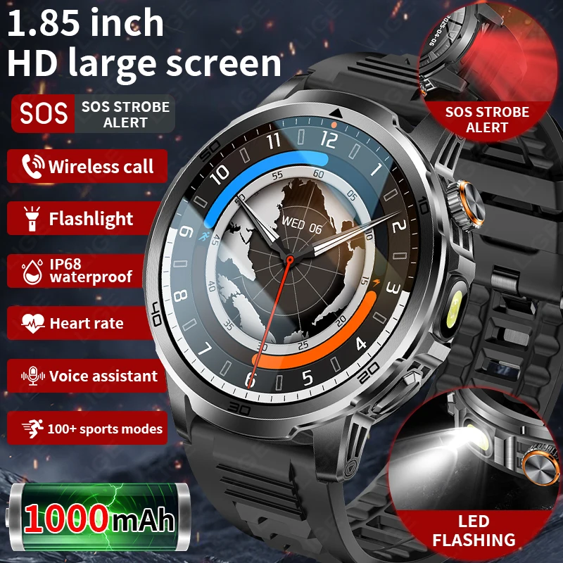 

LIGE 2025 New For HUAWEI Xiaomi 1000mAh Smart Watch Men Sports Fitness SOS Distress Light LED Flashlight IP68 BT Call Smartwatch