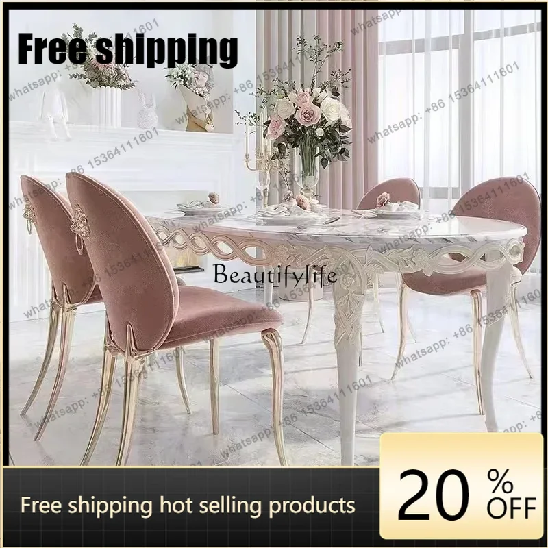 HJ French light luxury oval solid wood European carved dining table household dining table marble surface