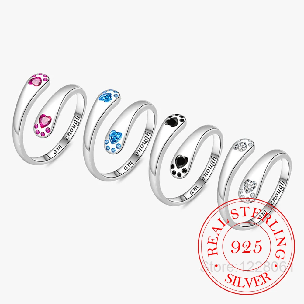 925 Sterling Silver Jewelry Cute Crystal Pet Paw Print Open Finger Rings for Women Wedding Party Jewelry For Girls Friend Gift