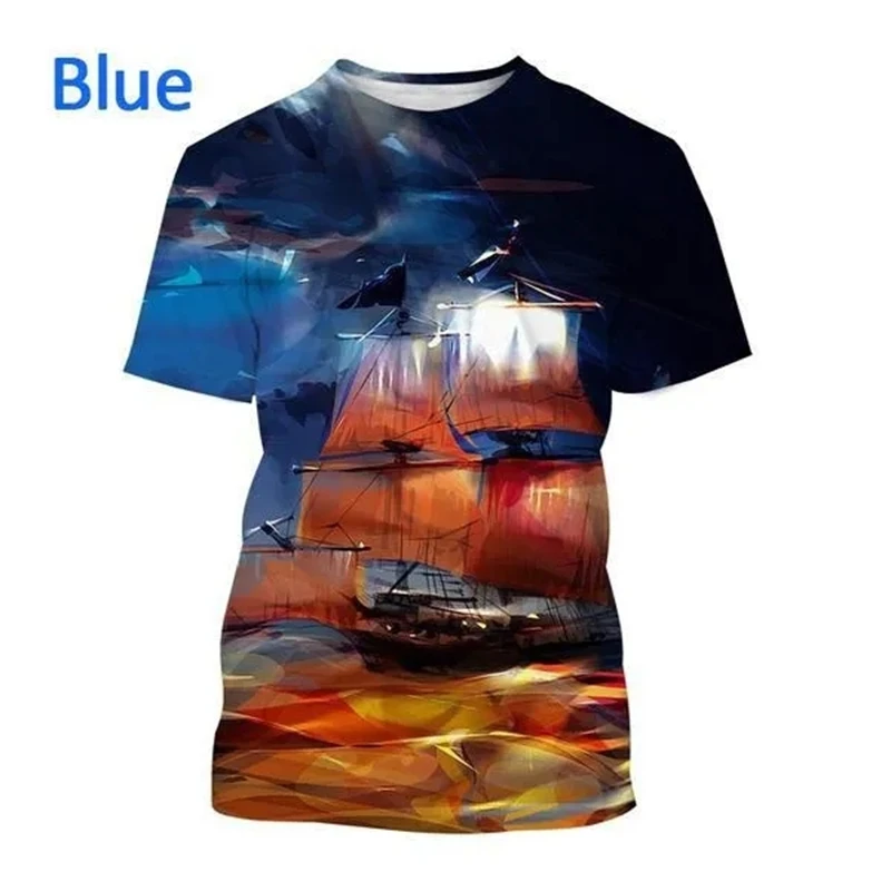 New 3D Printing Pirate Ship Print T-shirts Men\'s Casual Short-sleeved Personality Cool Street Style T Shirt Top Oversized Tees