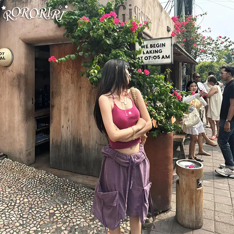 

RORORIRI Knee Long Denim Cargo Short Pants Vintage Summer Workwear Big Pockets Plain Wide Leg Jeans Jorts Fold Over Drawstring