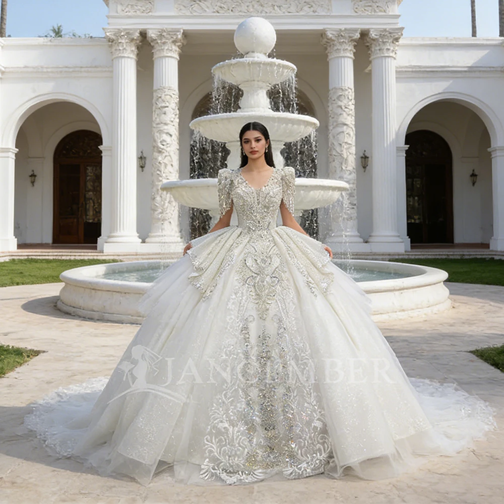

Customized V Neck Short Sleeves Ruffles Ball Gown Wedding Dresses Bridal Gown Sequins Beaded Court Train свадебное пл