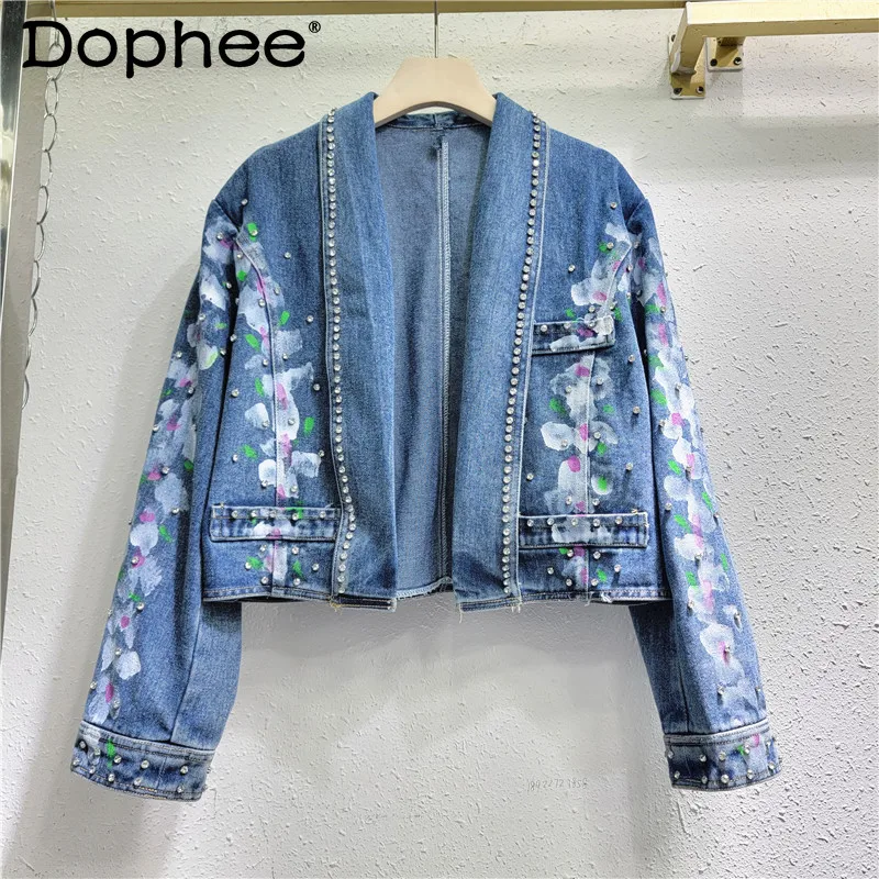 

Beads Rhinestones Hand Painted Patterned Denim Jacket 2024 Spring Autumn New Loose Long Sleeve Short Blue Jacket Top for Women