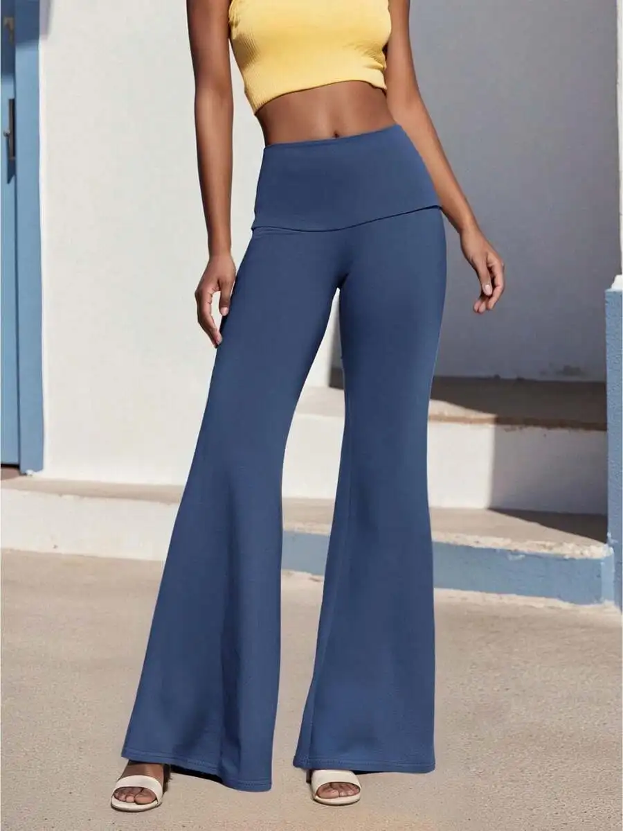 

Fold Over Waist Wide Leg Yoga Pants For Women Solid Color Stretchy Loose Lounge Pants