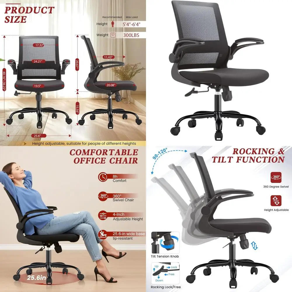 

Ergonomic Flip-Up Arm Desk Chair with Lumbar Support, Adjustable Height, Modern Black for Home Office & Studio