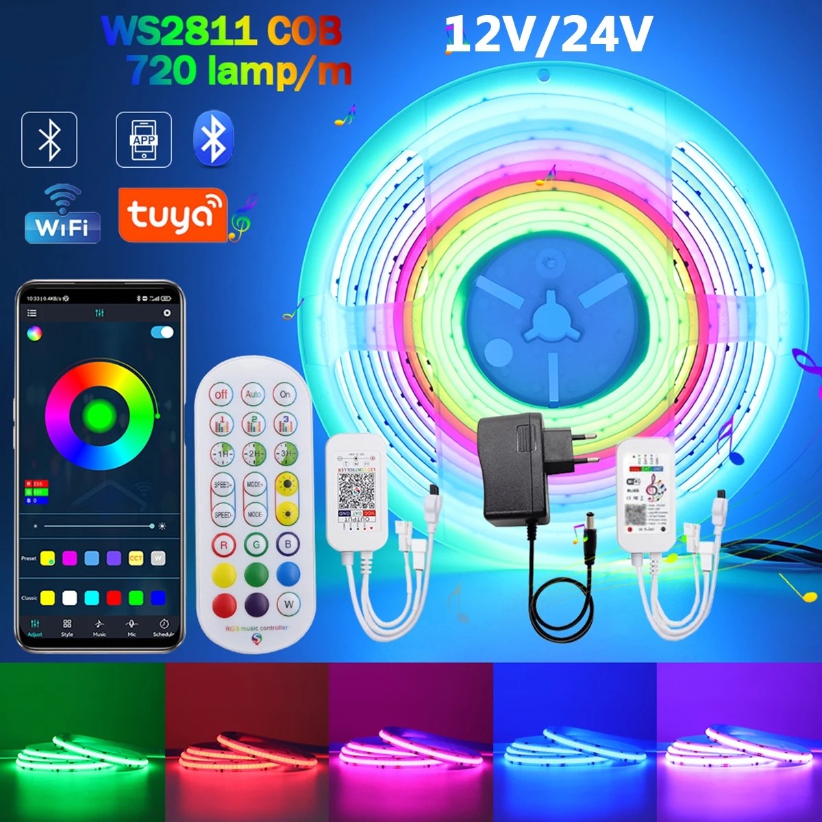Wifi Bluetooth Remote COB WS2811 RGB LED Strip DC12V 24V Pixel Addressable 720 LEDs/m Dream Color High Density Flex Fairy Lights