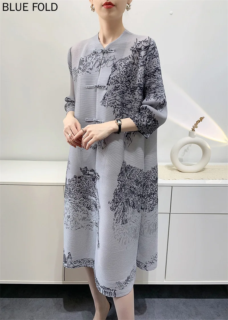 Women\'s Mid-length Pleated Dress, Buckle, Retro Printed Dresses, Temperament, MiYAKE PLEATS, Spring and Summer, New,