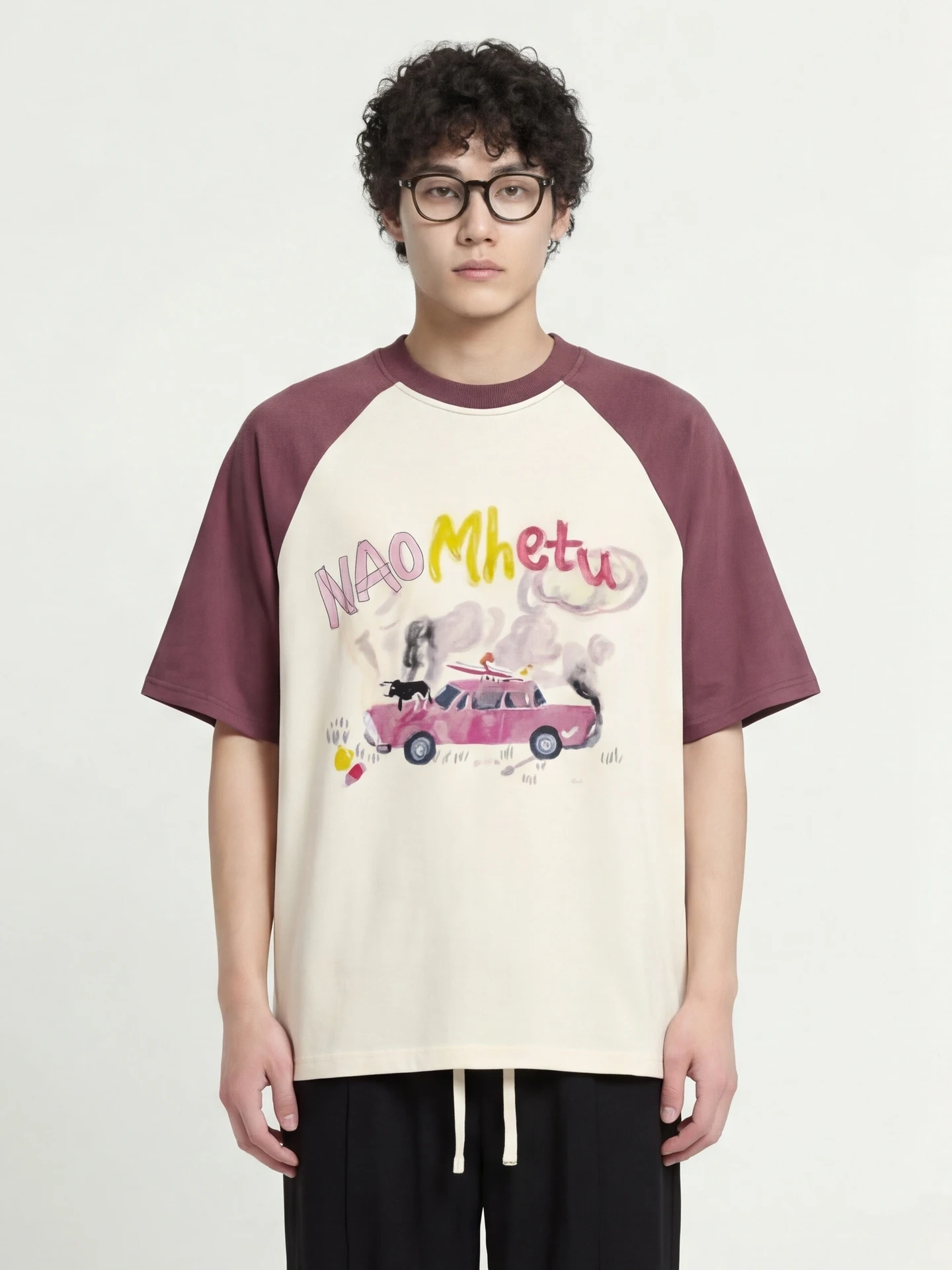 t-shirt-raglan-a-maniche-corte-da-uomo-in-cotone-casual-colore-nero-con-stampa-car-smoking