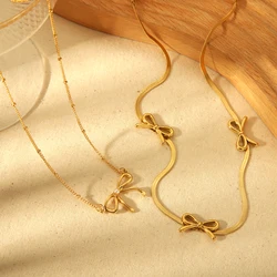 Dainty 18K PVD Gold Plated Stainless Steel Snake Chain Bow Pendant Necklace for Women Waterproof Collar Party Gift