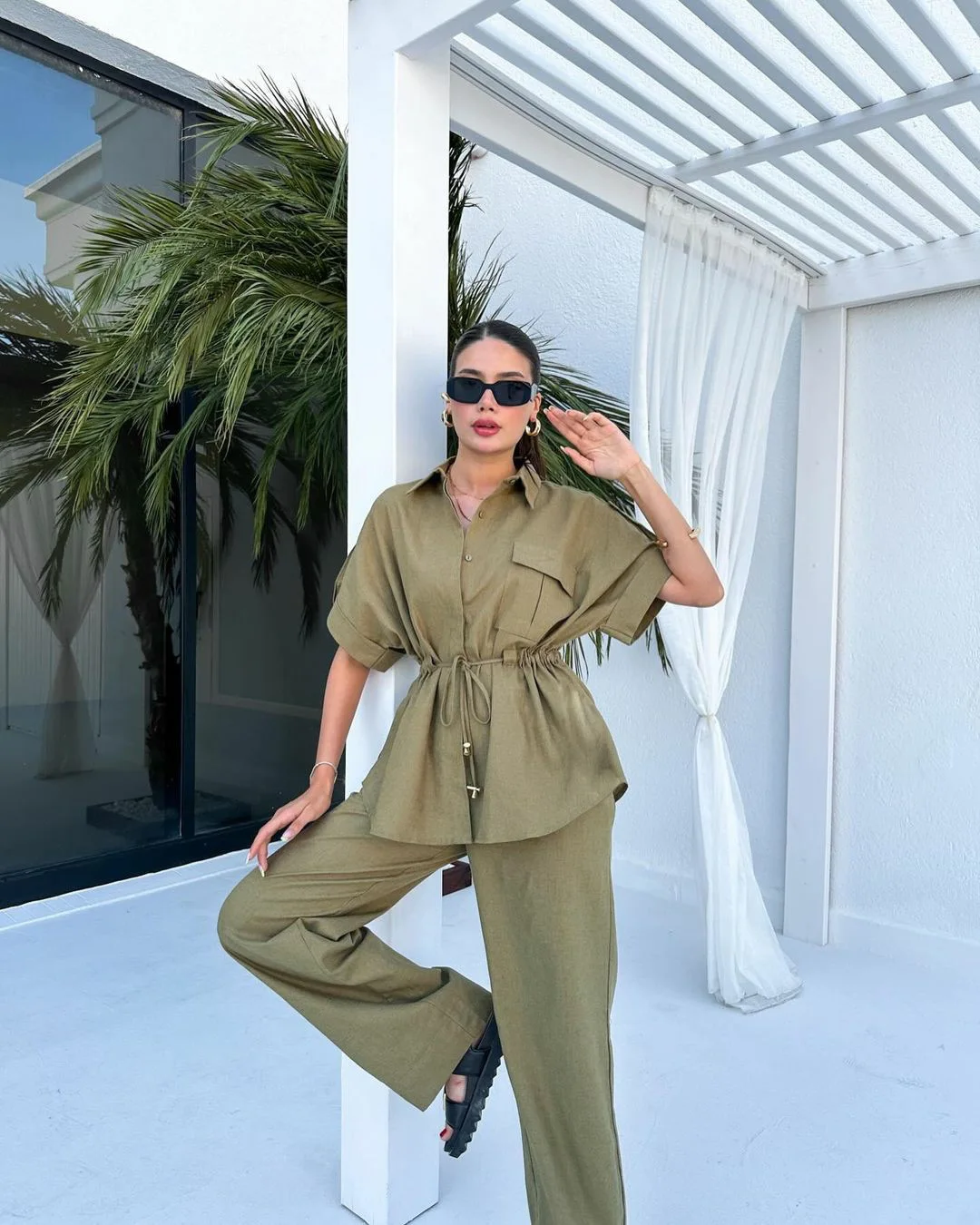 Matching Sets Single Breasted Two Pieces Blouses Pants Sets Draw String Wide Leg Cargo Pants Loose Fit Casual Solid Button