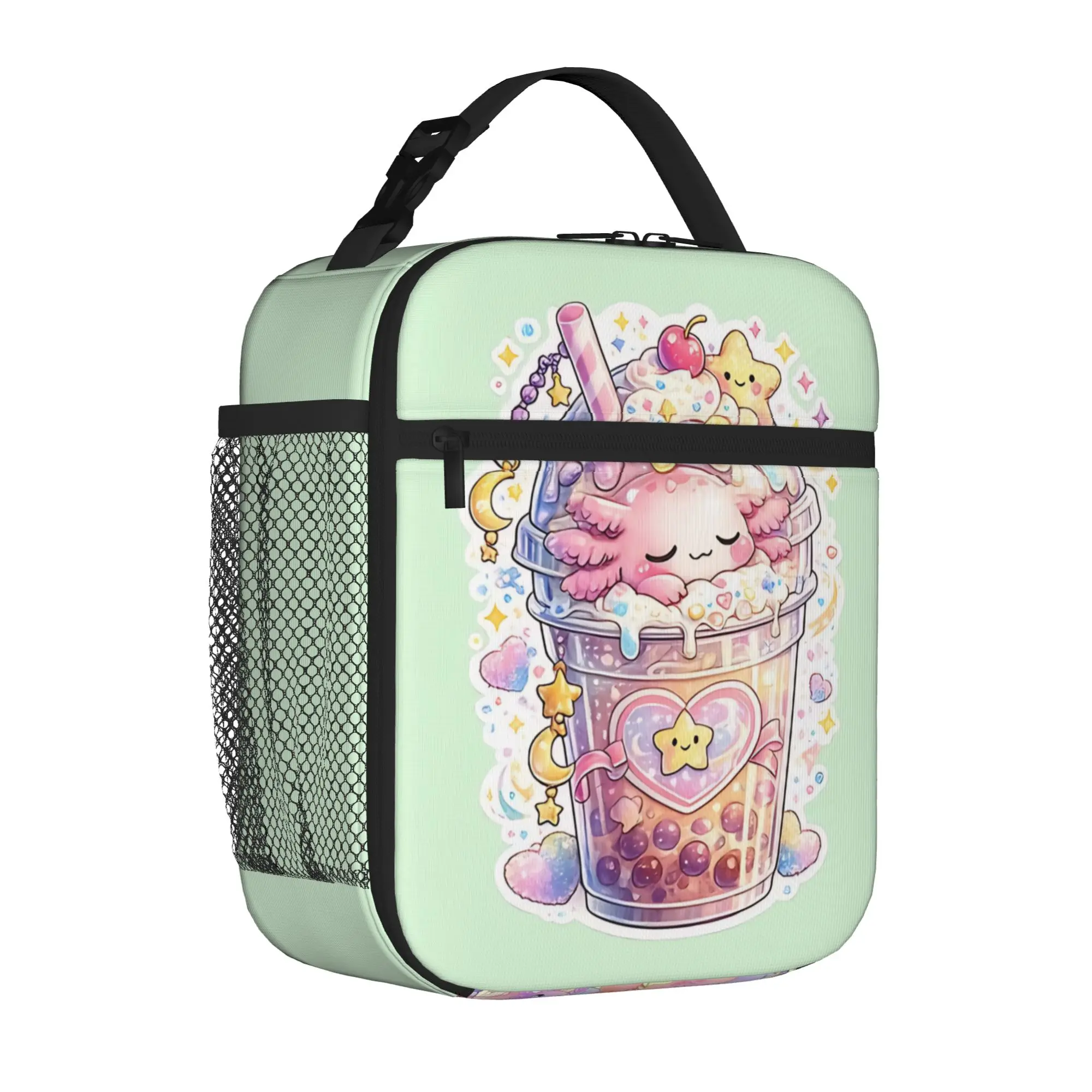1 Piece Zipper Closure Kawaii Bubble Tea Sticker Storage Bag Pocket Axolotls School Lunch Food Box Reusable For Lunch Food Bag