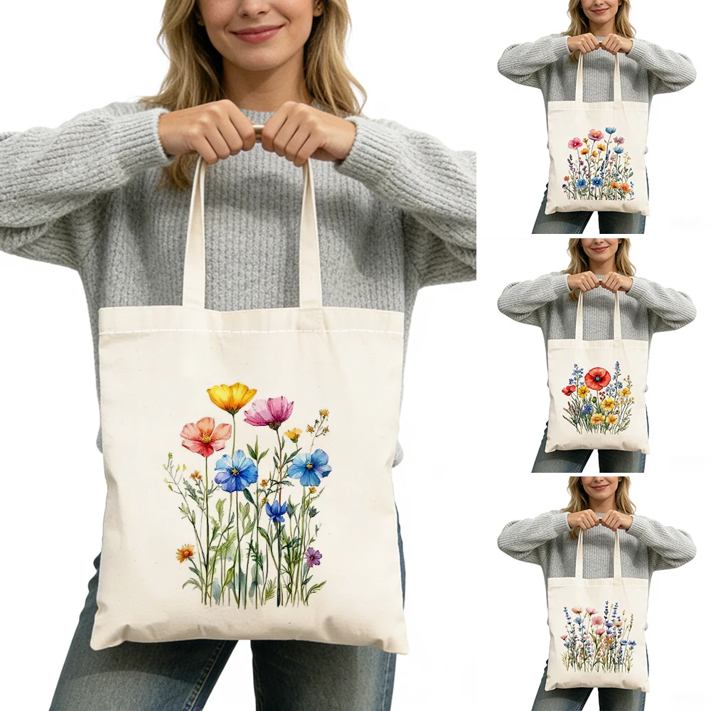 

Spring Floral Lady Shopping Tote Bag Big Capacity Wildflower Women Satchel Double Print Botanical Garden Girl Shopper Bags 40x45
