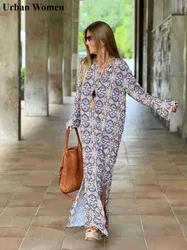 Summer Fashion Printed Beach Dress Women Causal Loose V-neck Sunscreen Long Sleeved Beach Dress Women