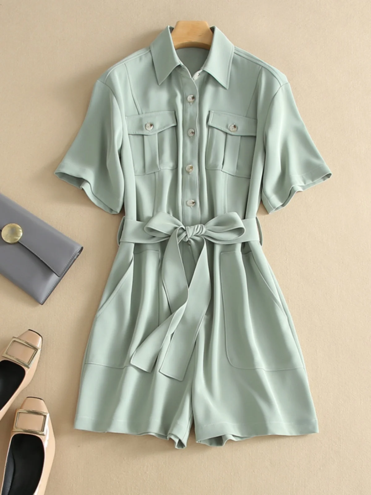 

Hong Kong Sle Retro Belted Waist ort Sve Workwear Jumpsuit Women's Summer New High Waist Wide Leg Dr orts