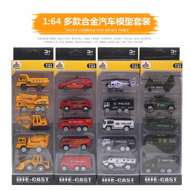 Diverse legering speelgoedauto kunststof 5-delige set techniek voertuig brandmodel graafmachine kindercadeau