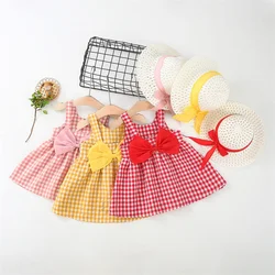 Sweet Baby Girl Tank Dress Fashion Checkered Pattern Dress Sleeveless Bow Dress Send Hat