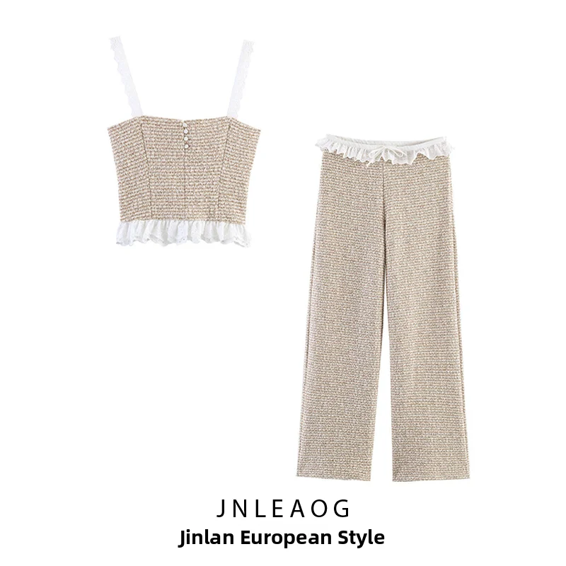 JNLEAOG Summer New Fashion Texture Splicing Pants Layered Structure Women's Clothing Polyester Fiber Spring Summer Set