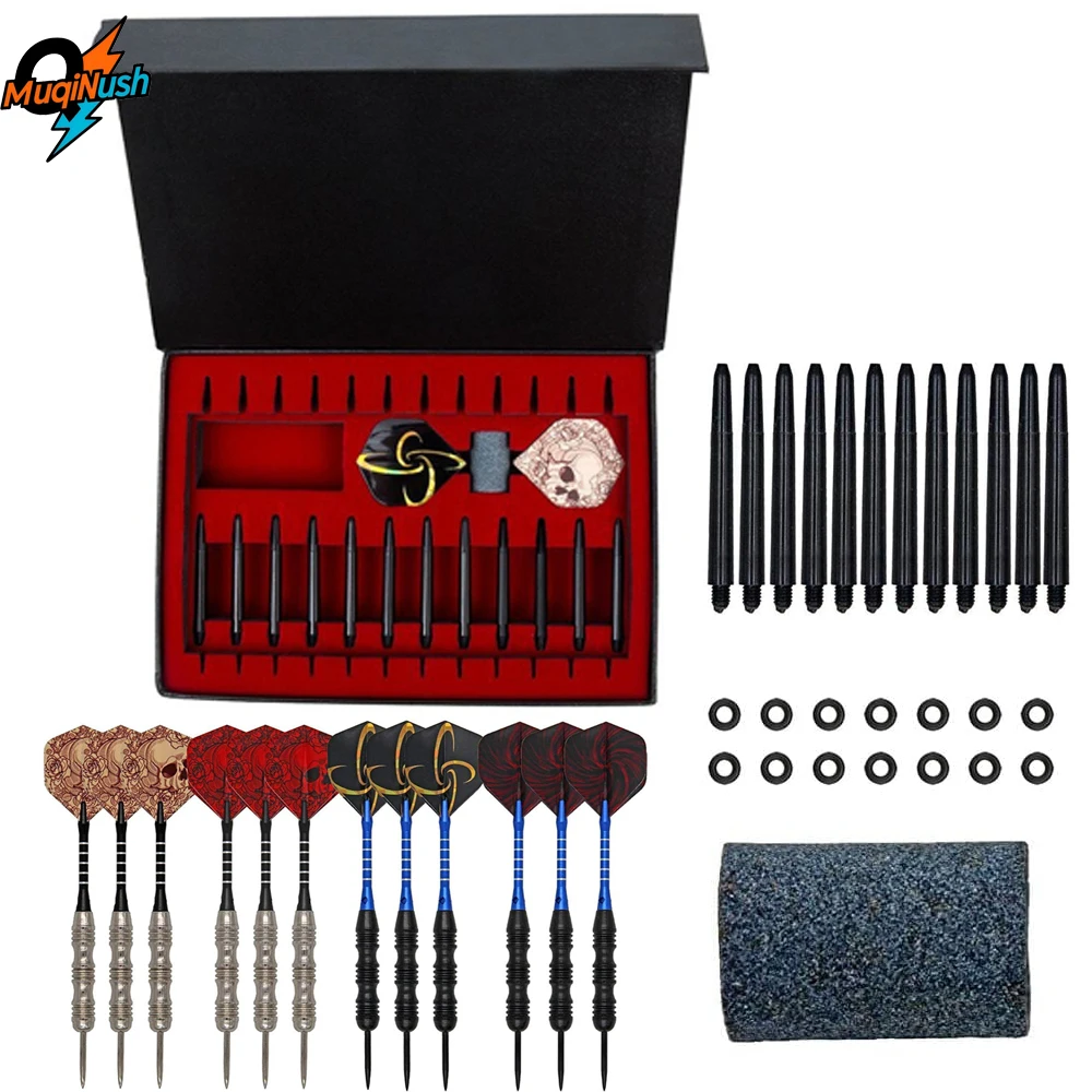 

MuqiNush Professional 12 Pcs Steel Pointed Darts with Anti Slip Aluminum Dart Shaft Sharpener for Gatherings and Competitions