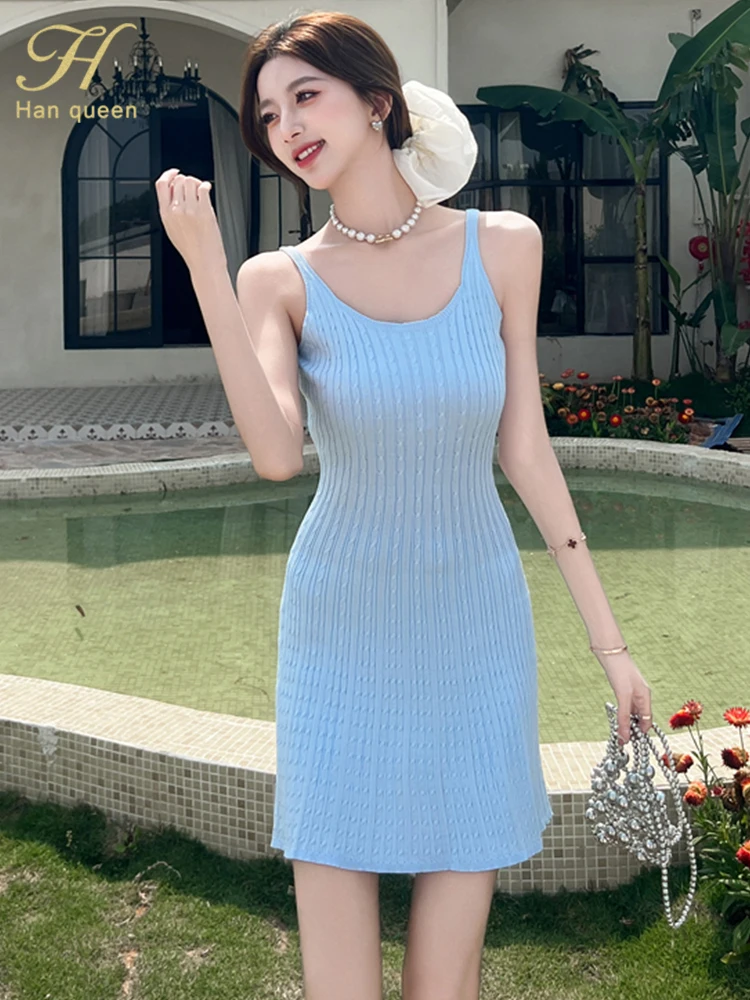 

H Han Queen Summer Sleeveless Fried Dough Twists Sweater Dress Bottoming Women Elastic A-Line Casual Simple Mini Party Dresses