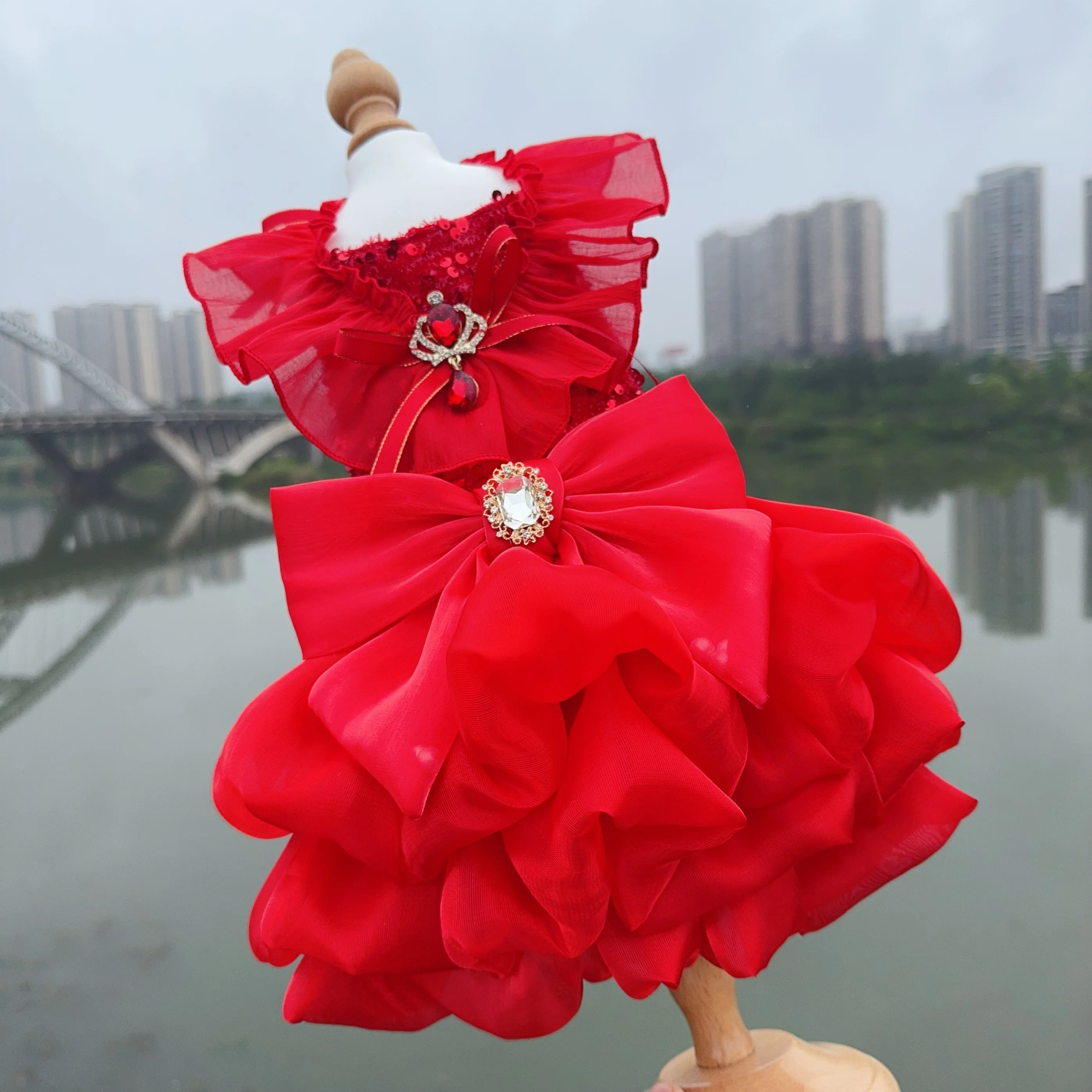 Fashion Red Pet Dog Clothes Luxury Handmade Cotton Lace Crystal Bow Princess Dress For Small Medium Dog Poodle Puppy Coat Skirts
