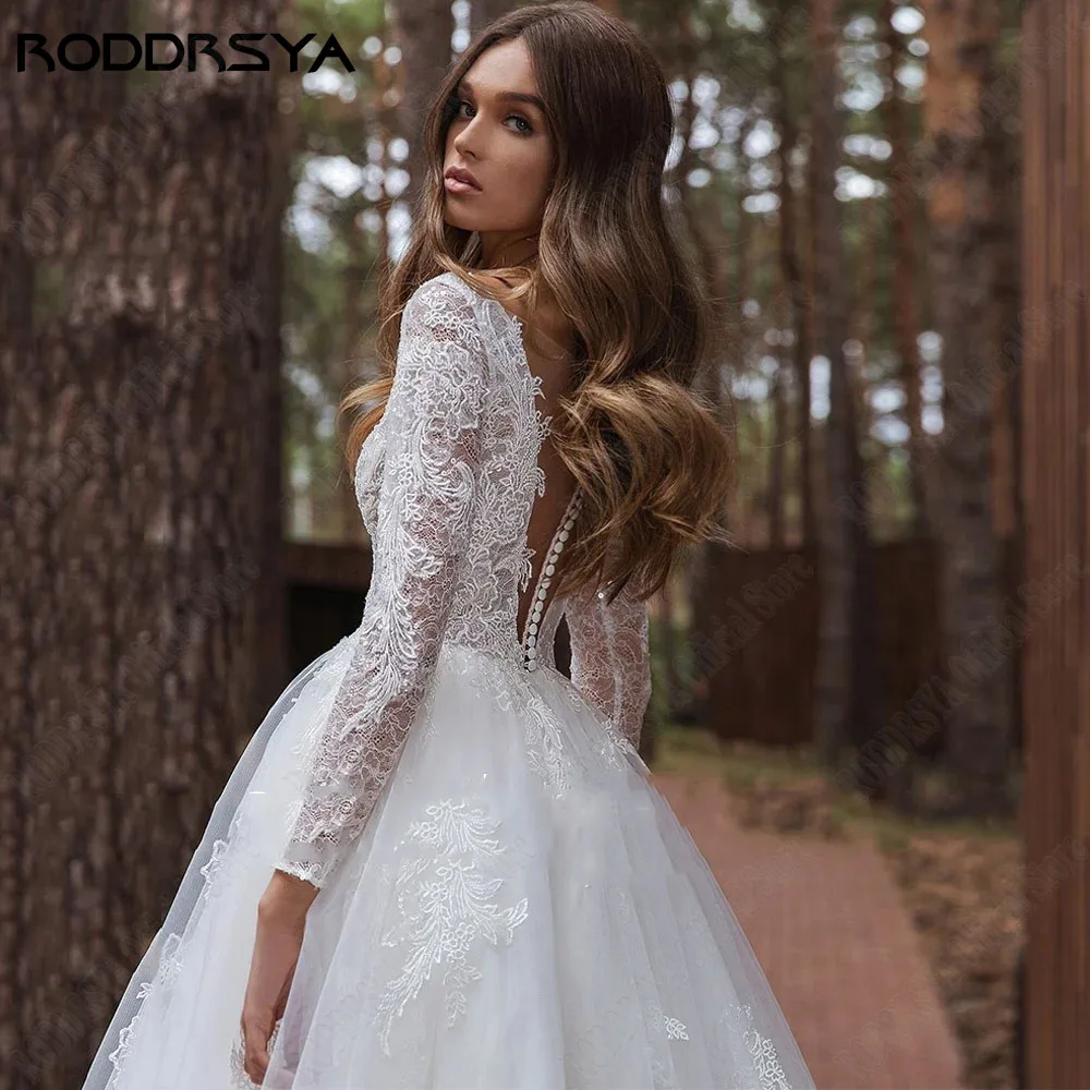 RODRSYA Squisite Maniche Lunghe 2024 Abito da sposa per la sposa Scoop Neck BRODDRSYA squisito maniche lunghe 2024 abito da sposa per la sposa scollo tondo Backless Applique pizzo una linea abito da sposa Vestido Novia