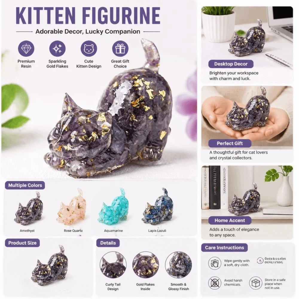 Cute Curled Tail Crystal Cat Figurine Gold Foil Accents Handcrafted Style Cat Statue Desk Ornament Table Decor