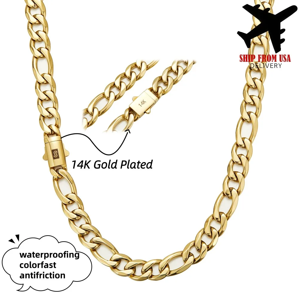 Cadena y Pulsera de Eslabones Figaro Cubanos de Acero Inoxidable con Baño de Oro de 14K, Joyería Hip Hop Gruesa de 8mm, Regalos para Hombres y Mujeres, Fiesta