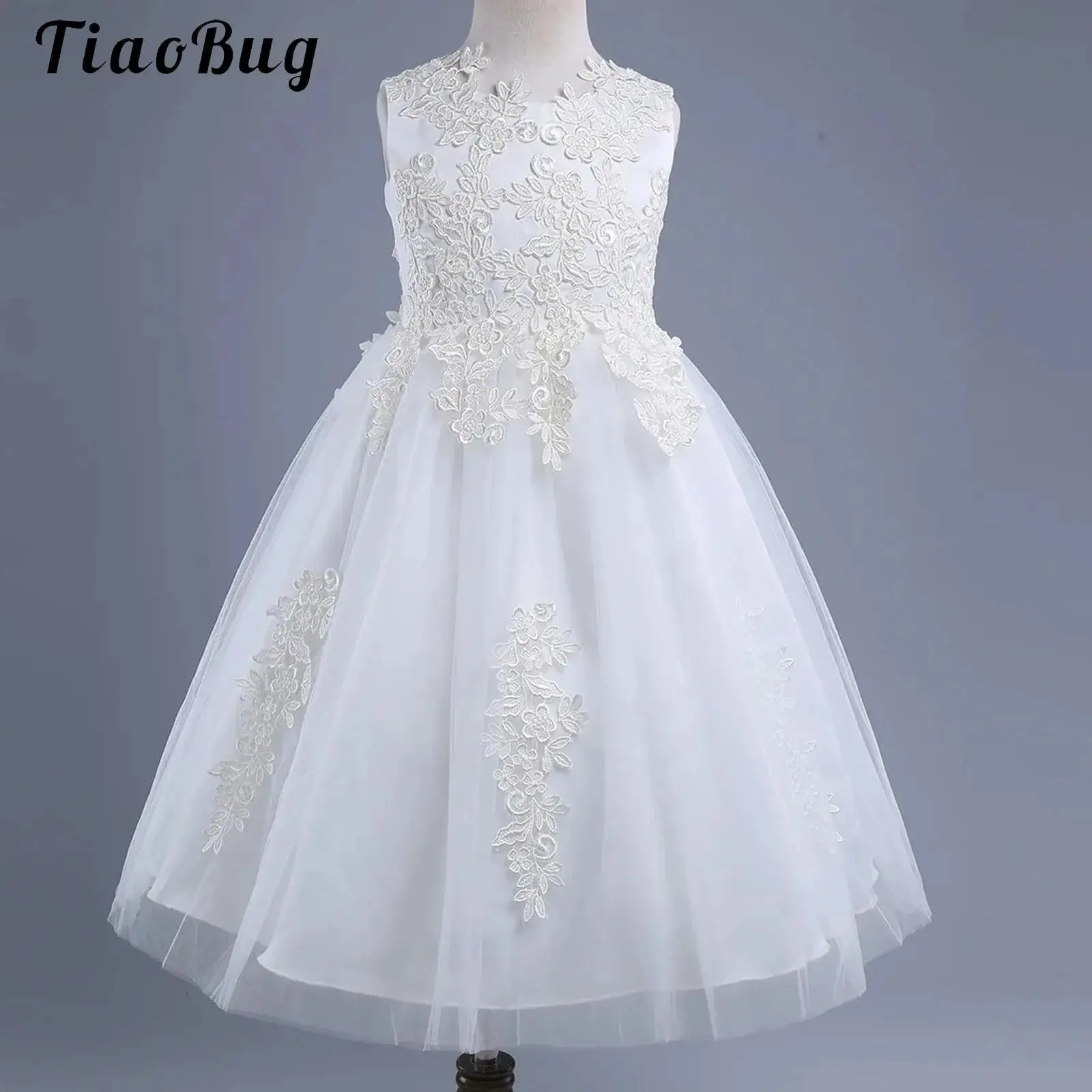 

Floral Lace Flower Girls Dress Kids Embroidered Wedding Pageant Bridesmaid Dress Sleeveless Christening Communion Ball Gown