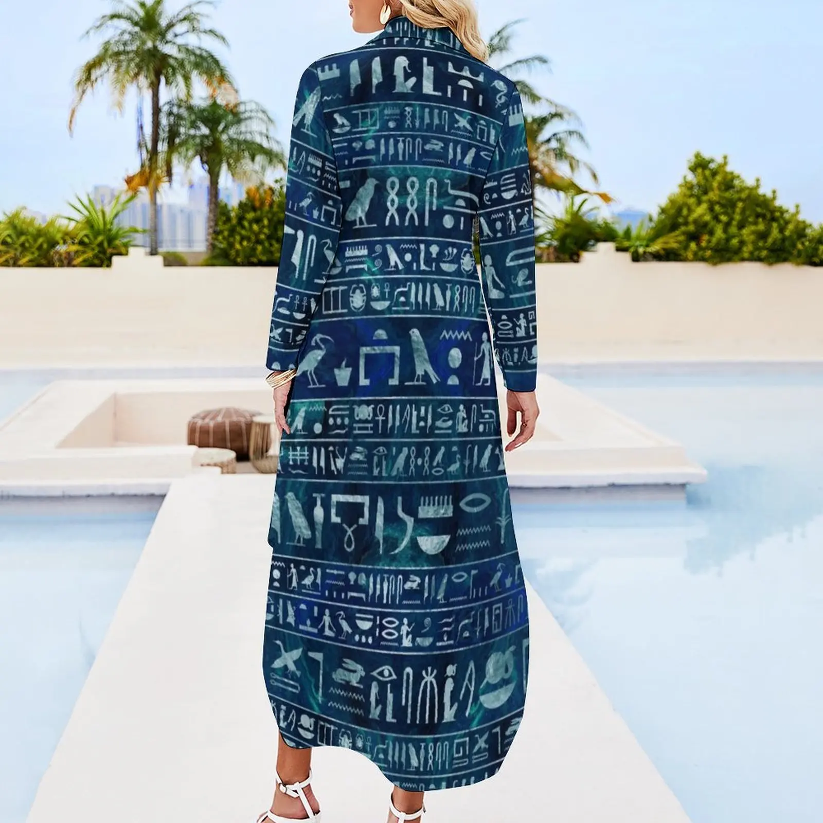 Egyptian hieroglyphs -silver on blue painted texture Long Sleeved Shirt Dress loose summer dress summer woman dress 2024