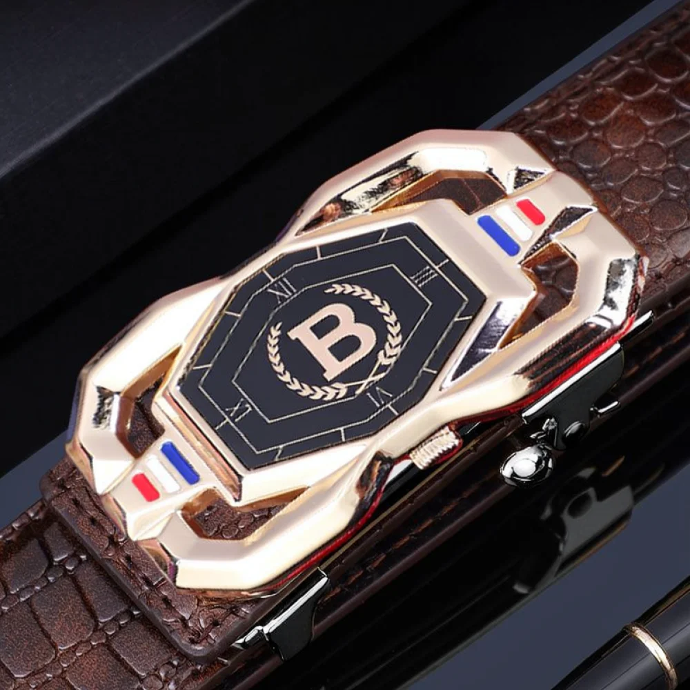 Mens Business Casual Belt Automatic Buckle Crocodile Grain Soft Leather Waist Strap Daily Commuter Fashion Accessory