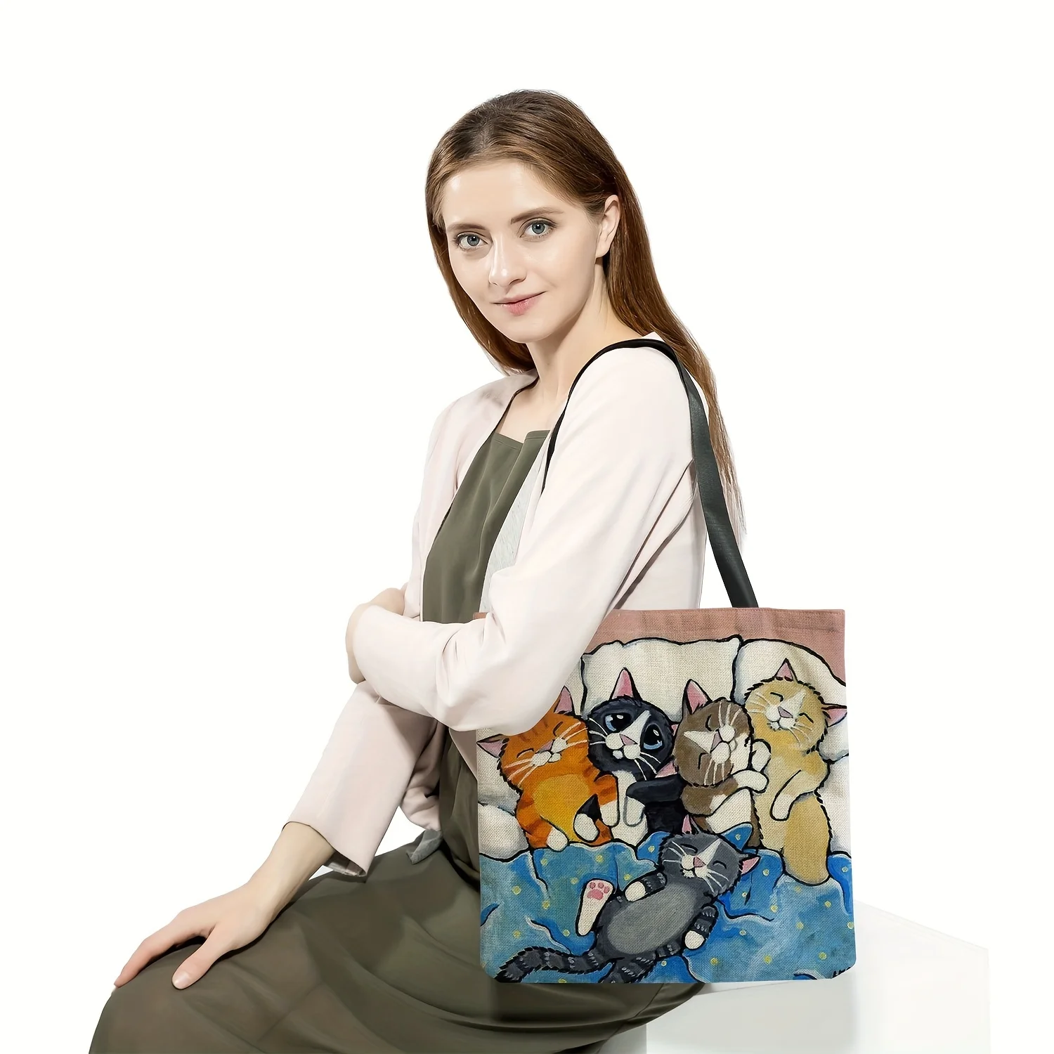 Cartoon Cat Pattern Shoulder Canvas Bag, All-Match Shopping Storage Bag, Women\'s All-Match Daily Bag