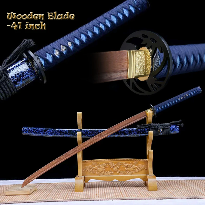 40Inch Katana-Training Sword Iaido/Iaito Props-Log Rosewood Straight Blade-Japanese Sword-Blue Painting With Gold Lines Saya