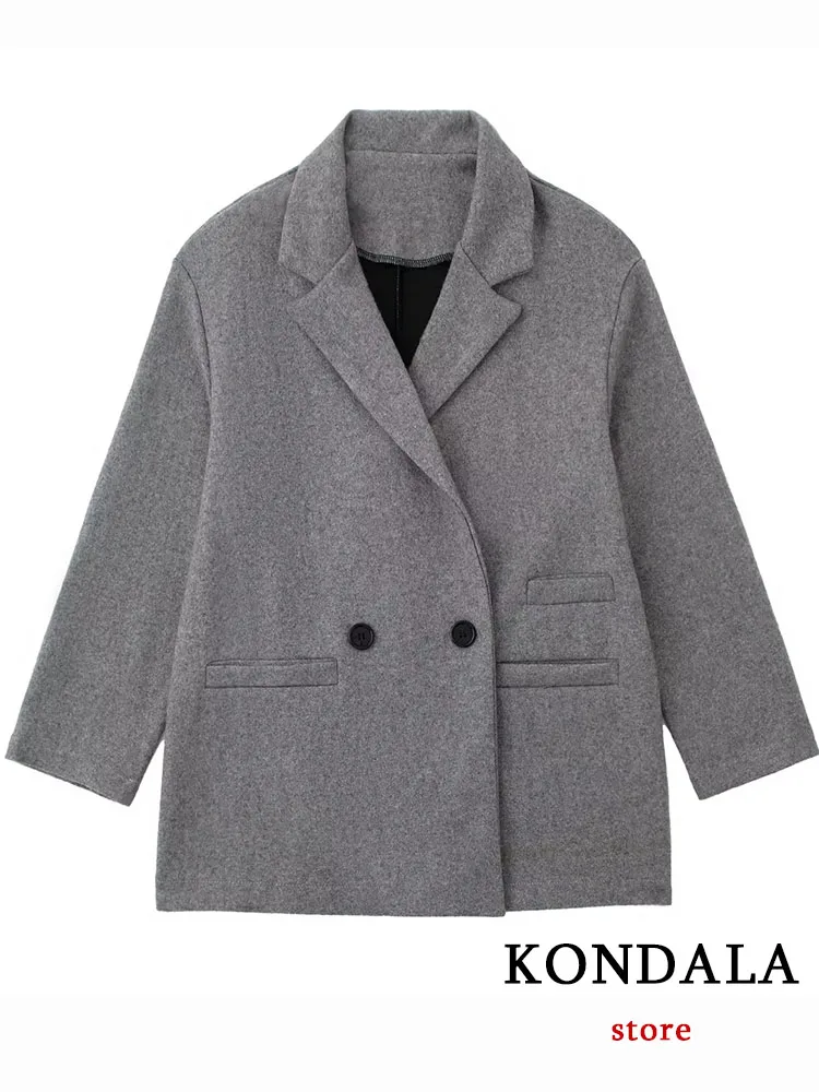 

KONDALA Vintage Woolen Coat Double Breasted Turn-down Collar Thick Warm Grey Solid Pocket Long Blazer Fashion 2022 Autumn Coats