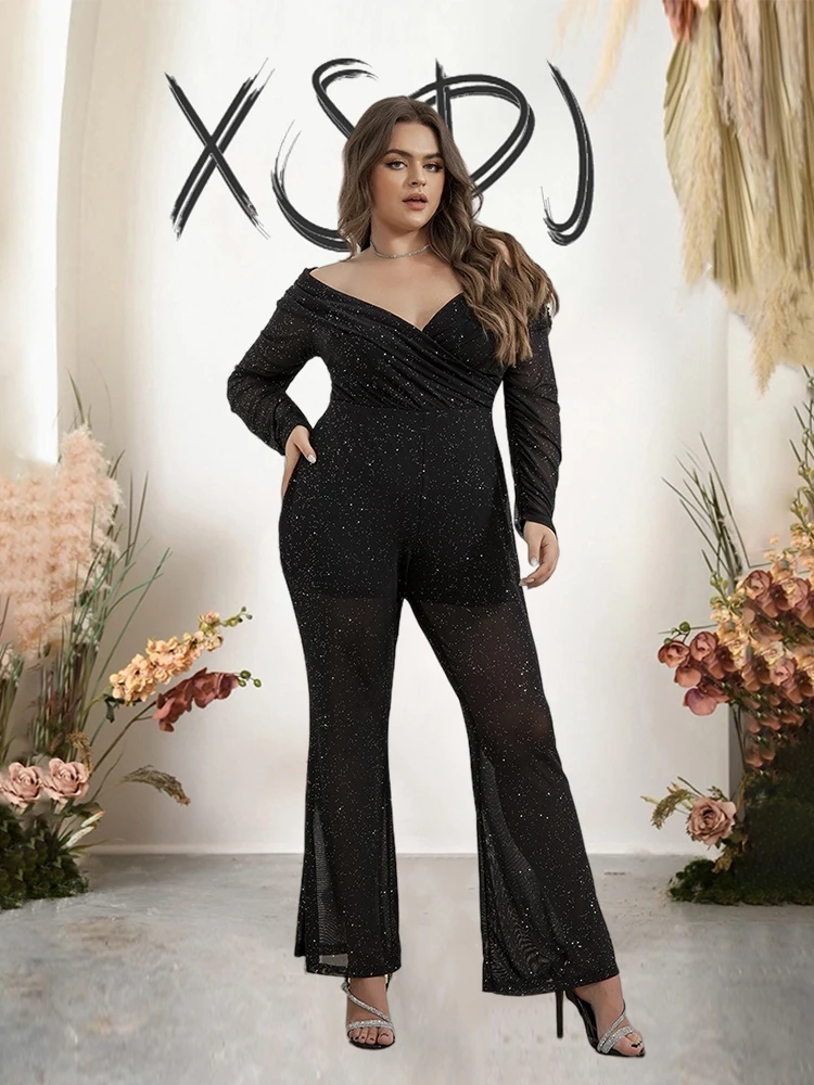 Long Sleeve Jumpsuit Women Off The Shoulder Black Transparent Shiny Jumpsuit Mesh Party Sexy Plus Size Jumpsuit Wide Leg Pant