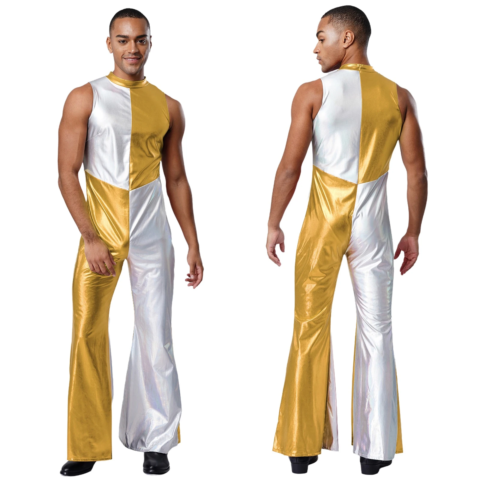 

Женский комбинезон в стиле хиппи 70-х годов, металлические блестящие расклешенные брюки без рукавов, боди для ночного клуба, рейв-вечеринки, джазовый танцевальный костюм в стиле ретро
