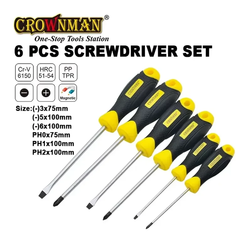 CROWNMAN Fastening Tools Classic CR-V 6PCS Magnetic TPR Handle Slotted/Phillips Screwdriver Set