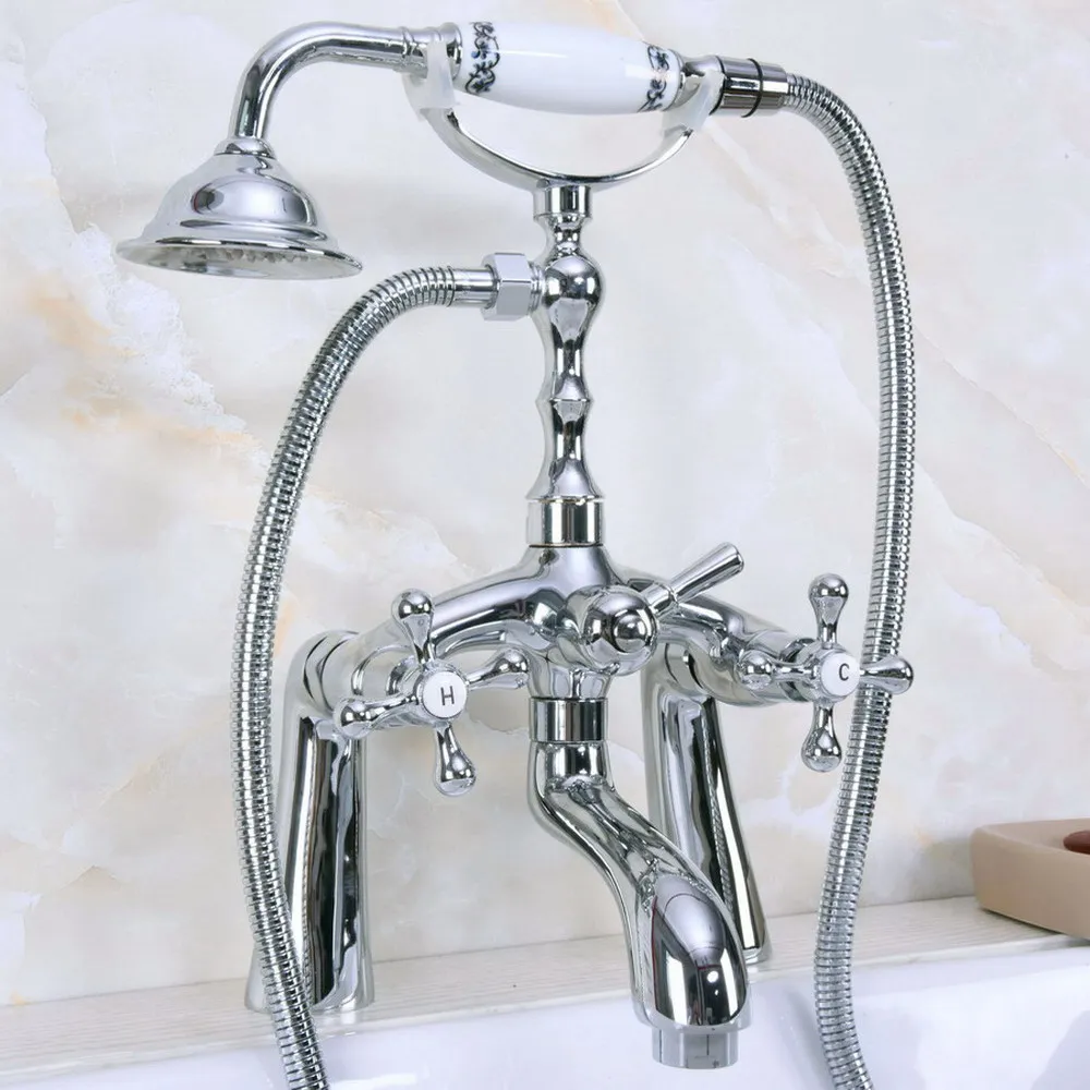 Polished Chrome Deck Mounted Bathtub Faucets Bathroom Basin Mixer Tap With Hand Shower Head Bath & Shower Faucet Bna122