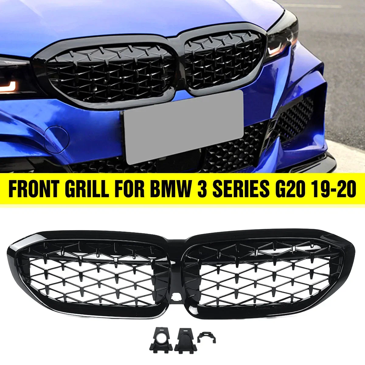 

Front Bumper Kidney Grill Diamond Meteor Style Racing Grille Gloss Black 51138072085 For BMW 3 Series G20 G21 2019-2020